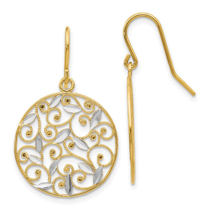 14k Yellow & Rhodium Gold and Rhodium Diamond-cut Filigree Circle Wire Earrings
