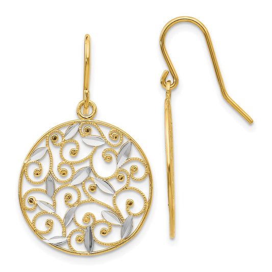 14k Yellow & Rhodium Gold and Rhodium Diamond-cut Filigree Circle Wire Earrings