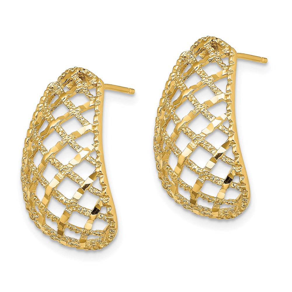 14k Yellow Gold Diamond-Cut Basket Weave J-Hoop Post Earrings