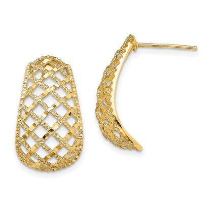 14k Yellow Gold Diamond-Cut Basket Weave J-Hoop Post Earrings