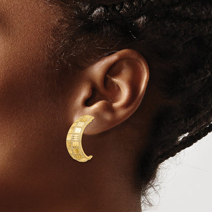 14k Yellow Gold Diamond-Cut Square J-Hoop Post Earrings