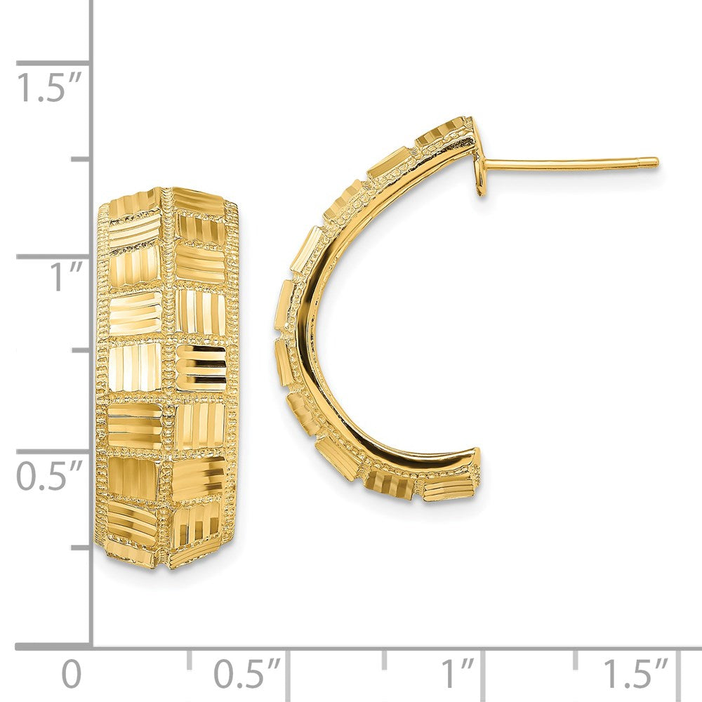 14k Yellow Gold Diamond-Cut Square J-Hoop Post Earrings