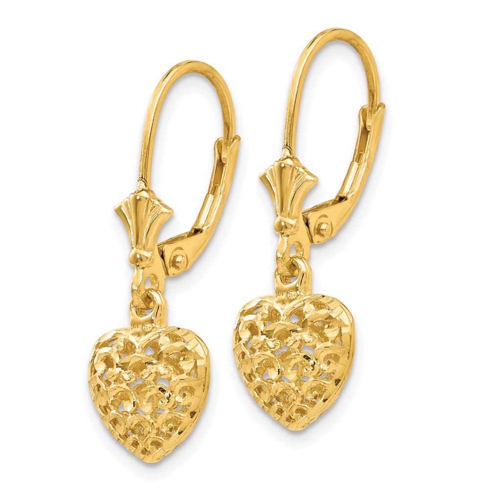 14k Yellow Gold 3-D Diamond-cut Mini Puffed Heart Leverback Earrings
