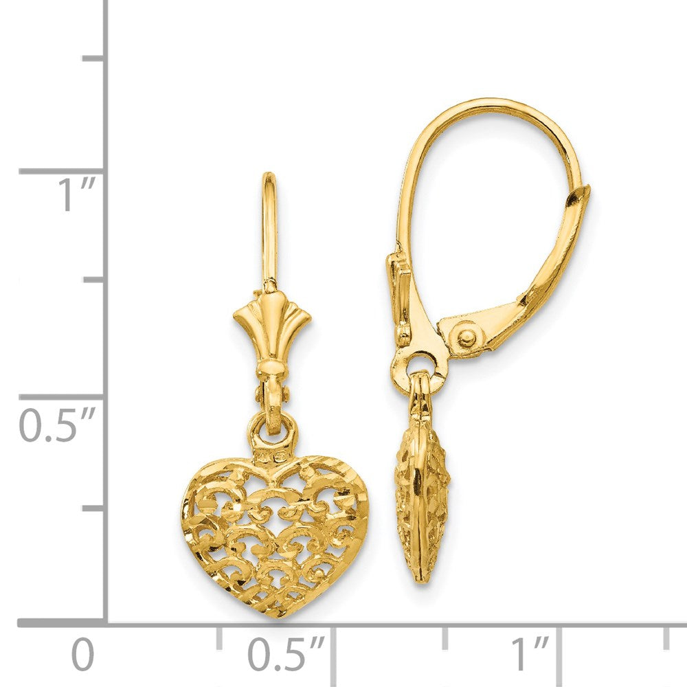 14k Yellow Gold 3-D Diamond-cut Mini Puffed Heart Leverback Earrings