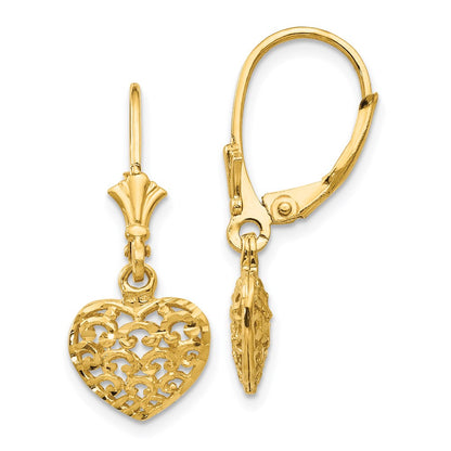 14k Yellow Gold 3-D Diamond-cut Mini Puffed Heart Leverback Earrings