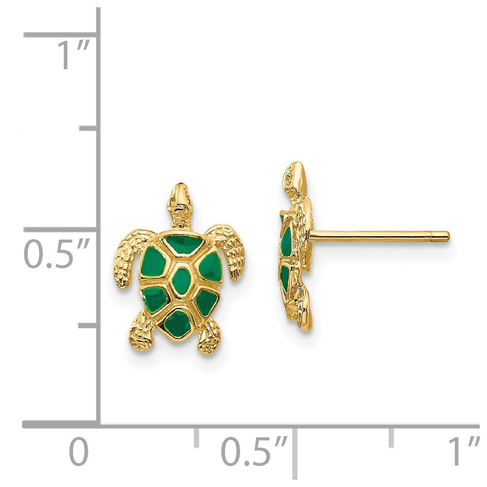 14k Yellow Gold Green Enameled Sea Turtle Post Earrings