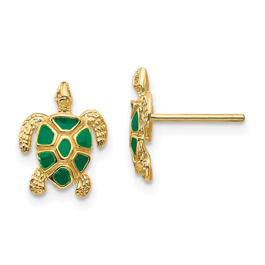 14k Yellow Gold Green Enameled Sea Turtle Post Earrings