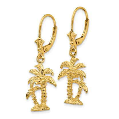 14k Yellow Gold 3-D Double Palm Trees Leverback Earrings