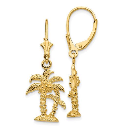 14k Yellow Gold 3-D Double Palm Trees Leverback Earrings