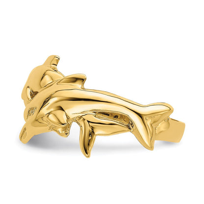 14k yellow gold polished double dolphin ring k4562