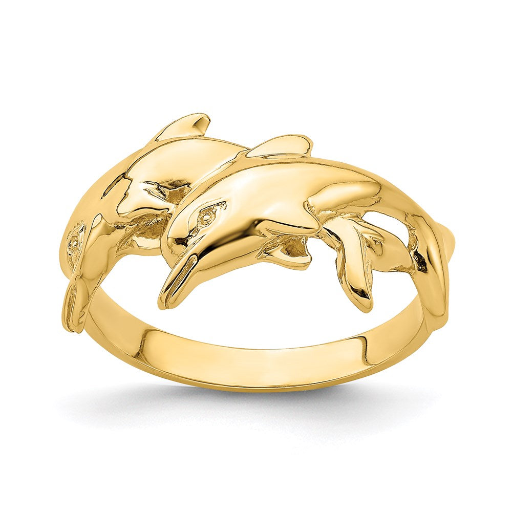 14k yellow gold polished double dolphin ring k4562