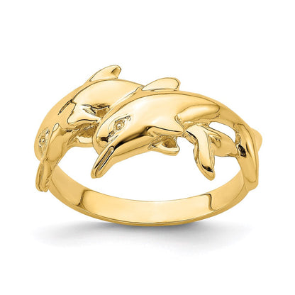 14k yellow gold polished double dolphin ring k4562