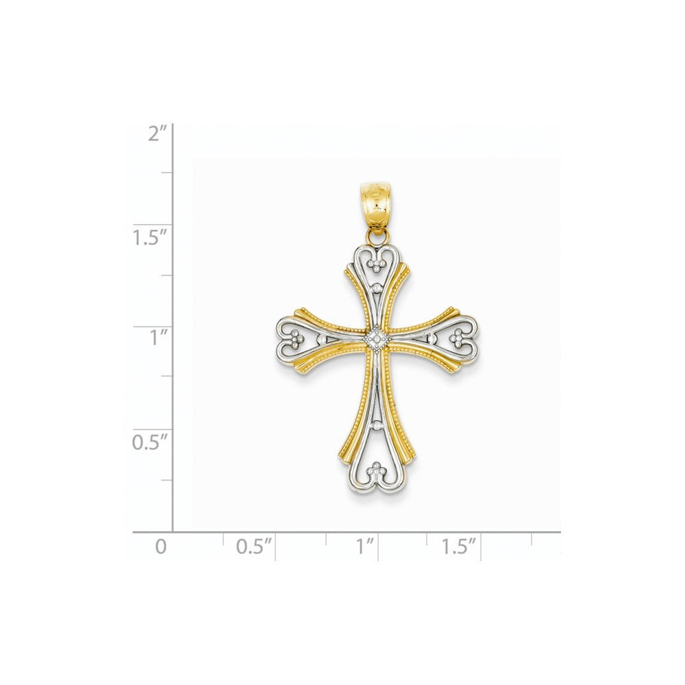 14k Yellow & Rhodium Gold w/Rhodium Polished and Textured Budded Cross Pendant