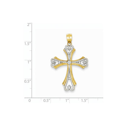 14k Yellow & Rhodium Gold w/Rhodium Polished and Textured Budded Cross Pendant