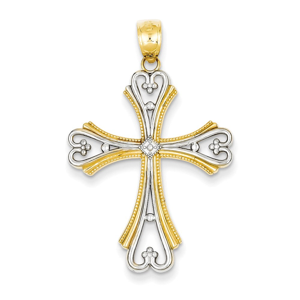14k Yellow & Rhodium Gold w/Rhodium Polished and Textured Budded Cross Pendant