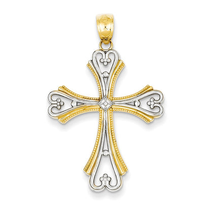 14k Yellow & Rhodium Gold w/Rhodium Polished and Textured Budded Cross Pendant