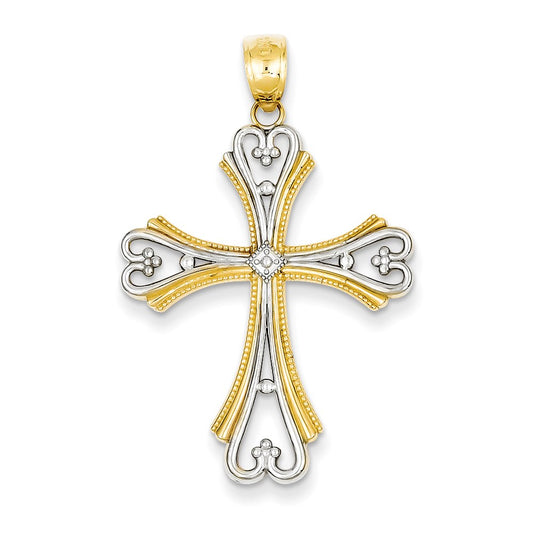 14k Yellow & Rhodium Gold w/Rhodium Polished and Textured Budded Cross Pendant
