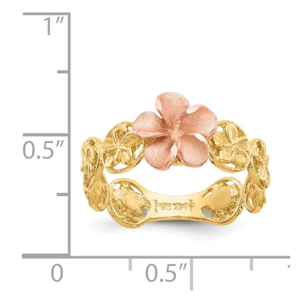 14k yellow rose gold diamond cut plumeria flower ring k5126