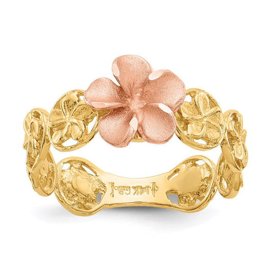 14k yellow rose gold diamond cut plumeria flower ring k5126