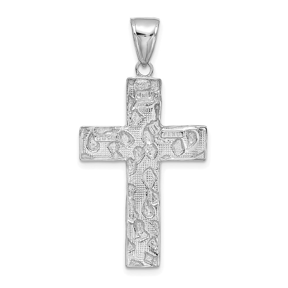14k White Gold Polished/Textured Nugget Style Cross Pendant