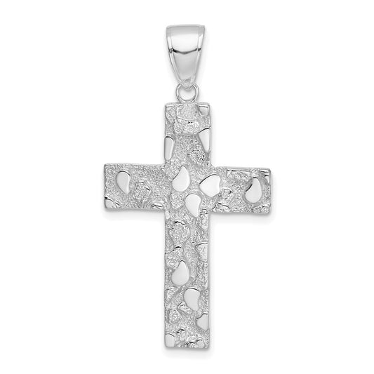 14k White Gold Polished/Textured Nugget Style Cross Pendant