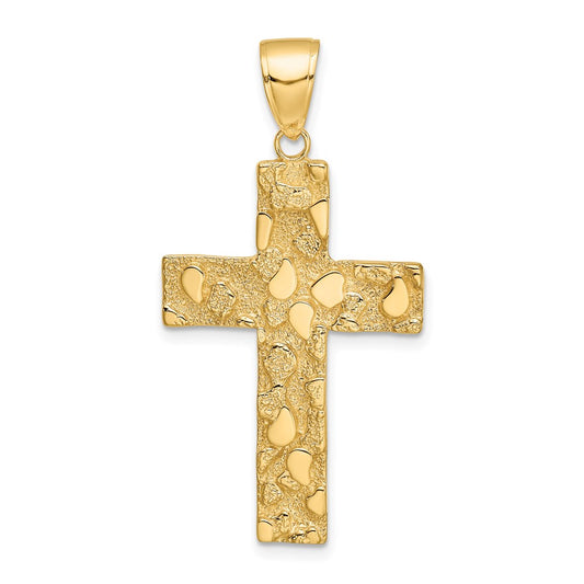 14k Yellow Gold Polished/Textured Nugget Style Cross Pendant