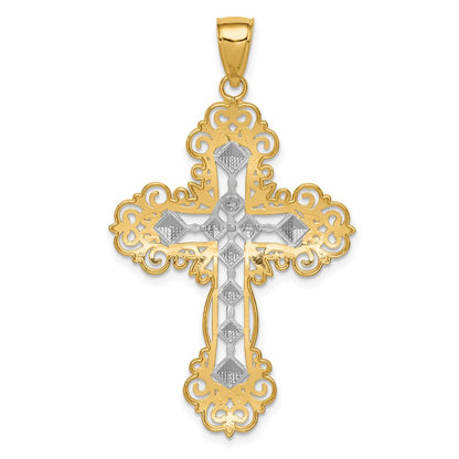 14k Yellow & Rhodium Gold w/Rhodium Polished Textured Diamond Pattern Cross Pendant