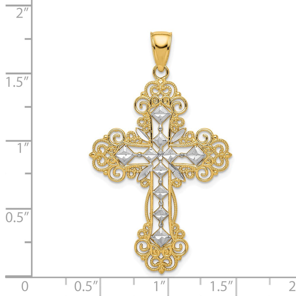 14k Yellow & Rhodium Gold w/Rhodium Polished Textured Diamond Pattern Cross Pendant