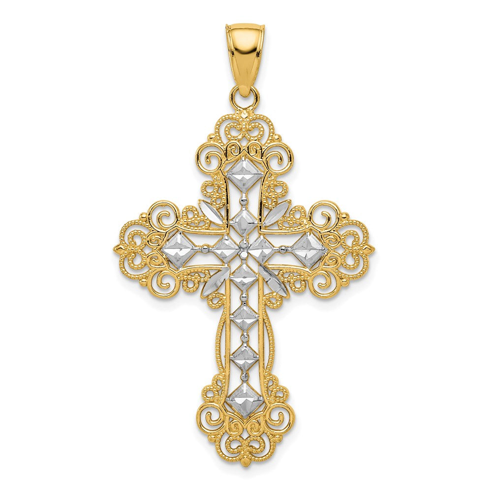 14k Yellow & Rhodium Gold w/Rhodium Polished Textured Diamond Pattern Cross Pendant