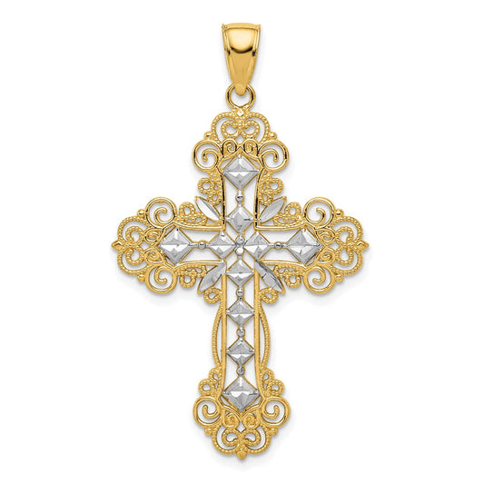 14k Yellow & Rhodium Gold w/Rhodium Polished Textured Diamond Pattern Cross Pendant
