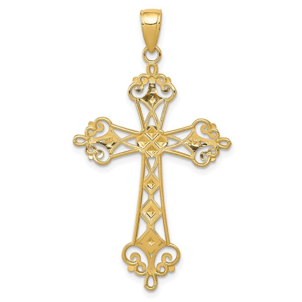 14k Yellow & Rhodium Gold w/Rhodium Polished Diamond-Cut Cut-Out Cross Pendant