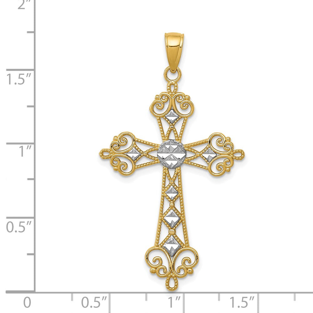 14k Yellow & Rhodium Gold w/Rhodium Polished Diamond-Cut Cut-Out Cross Pendant