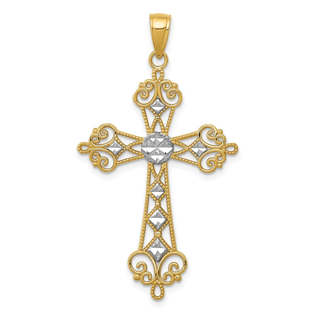 14k Yellow & Rhodium Gold w/Rhodium Polished Diamond-Cut Cut-Out Cross Pendant