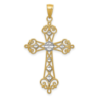 14k Yellow & Rhodium Gold w/Rhodium Polished Diamond-Cut Cut-Out Cross Pendant
