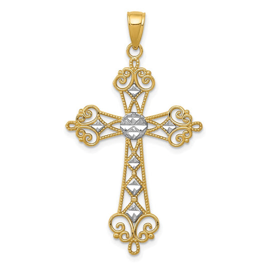 14k Yellow & Rhodium Gold w/Rhodium Polished Diamond-Cut Cut-Out Cross Pendant