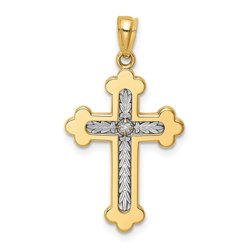 14k Y/W Gold Polished Budded Cross with .015 Diamond Pendant