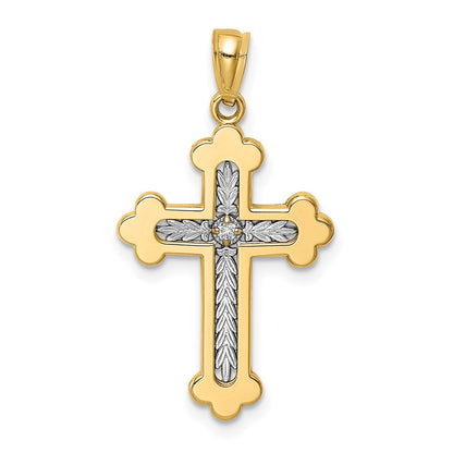 14k Y/W Gold Polished Budded Cross with .015 Diamond Pendant
