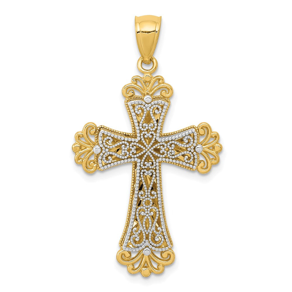 14k Two-tone Gold Polished 2 Level Budded Cross Pendant
