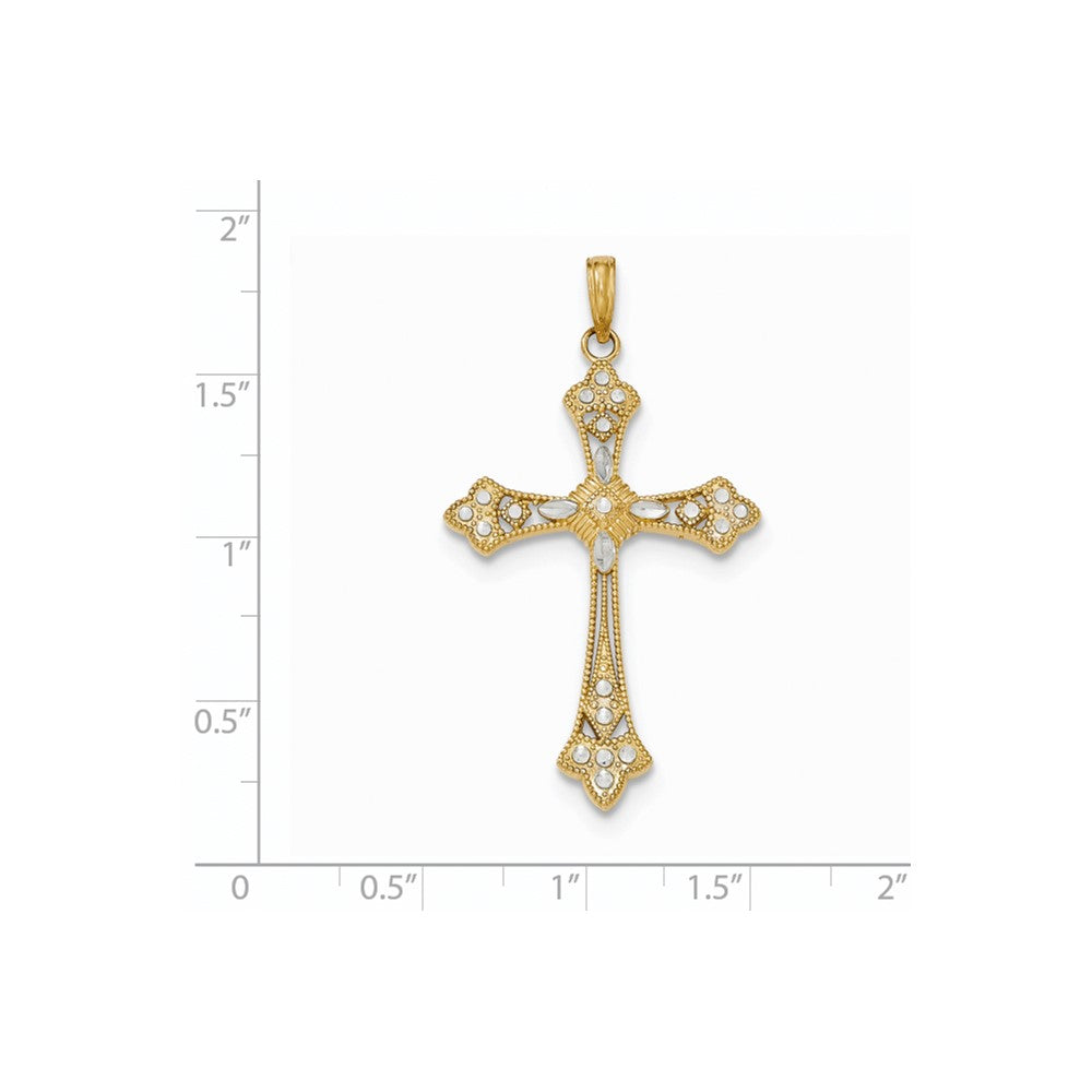 14k Yellow & Rhodium Gold Rhodium Polished Diamond-cut Cross Pendant