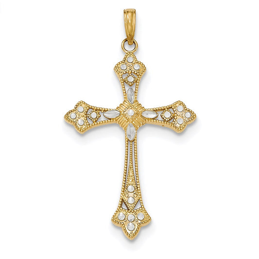 14k Yellow & Rhodium Gold Rhodium Polished Diamond-cut Cross Pendant