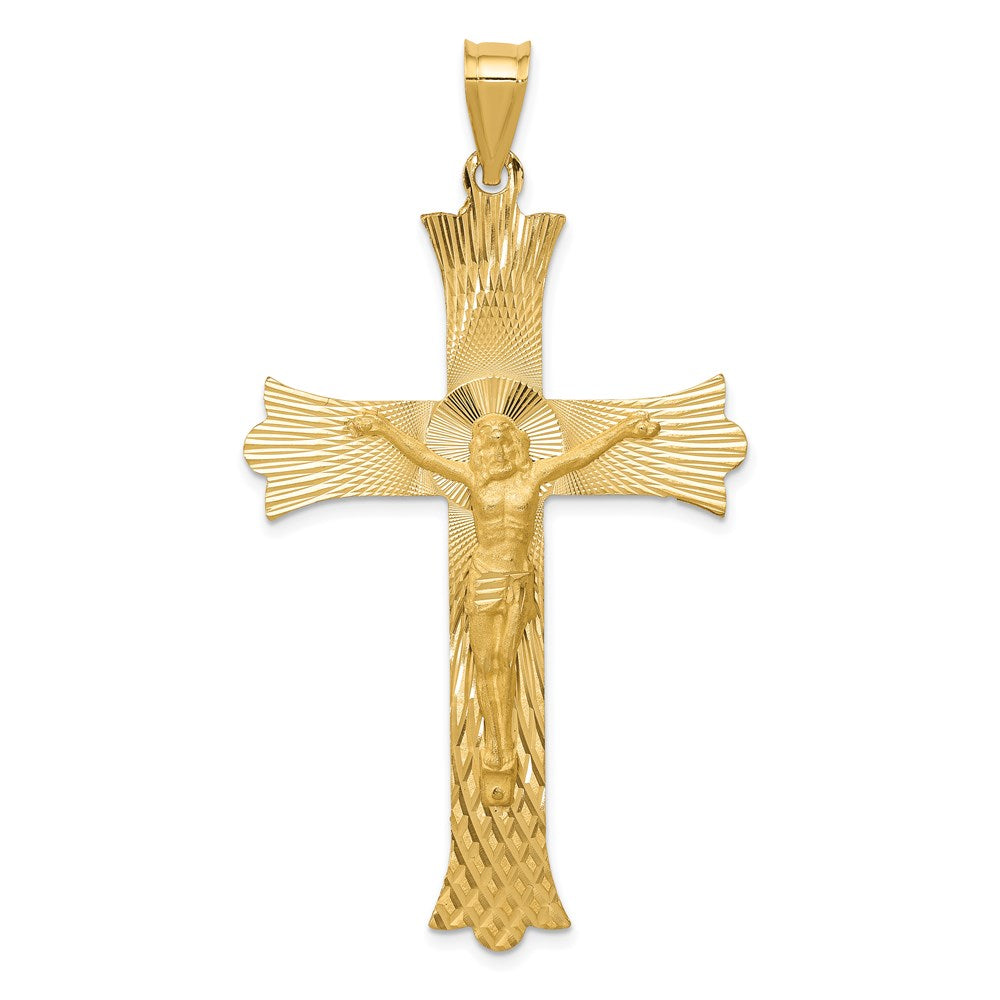 14k Yellow Gold Polished Satin and Diamond-cut Crucifix Cross Pendant