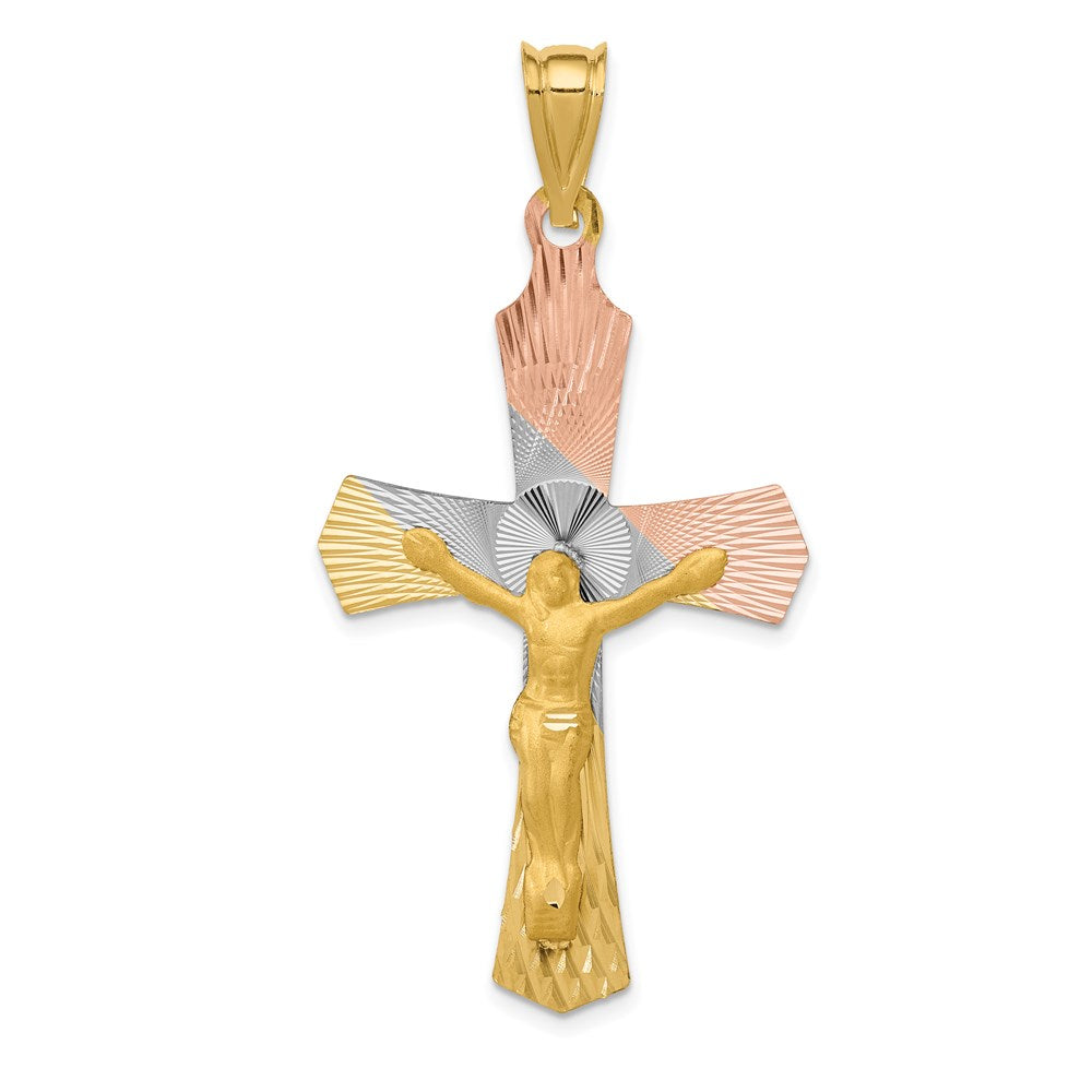 14k Yellow & Rhodium Gold w/Rose and White Rhodium Crucifix Cross Pendant