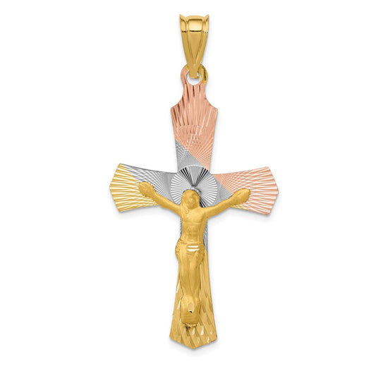 14k Yellow & Rhodium Gold w/Rose and White Rhodium Crucifix Cross Pendant