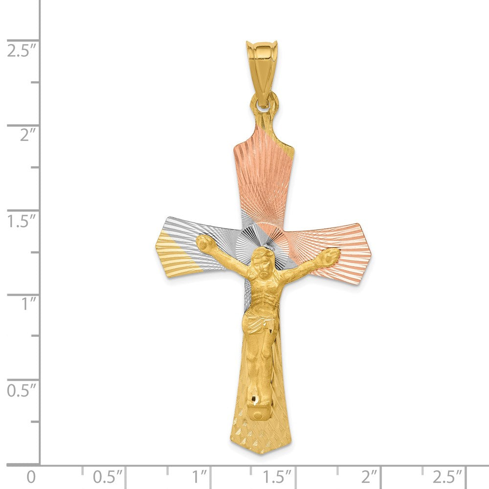 14k Yellow & Rhodium Gold w/Rose and White Rhodium Crucifix Cross Pendant