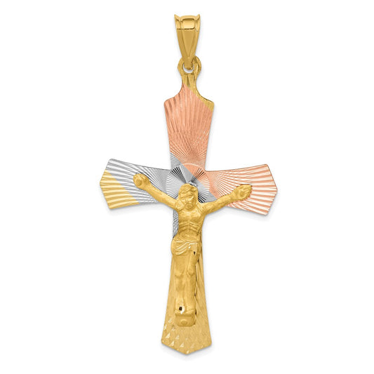 14k Yellow & Rhodium Gold w/Rose and White Rhodium Crucifix Cross Pendant