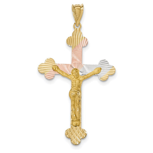 14k Yellow & Rhodium Gold and Rhodium Crucifix Budded Cross Pendant