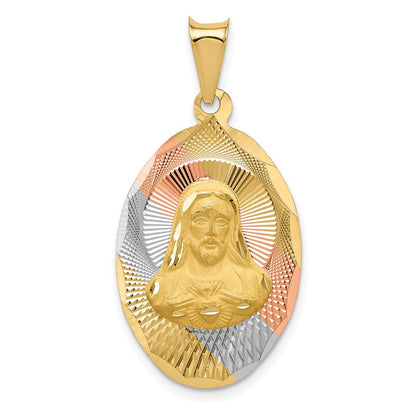 14k Yellow & Rhodium Gold w/Rose and White Rhodium D/C Sagrado Corazon Oval Pendant