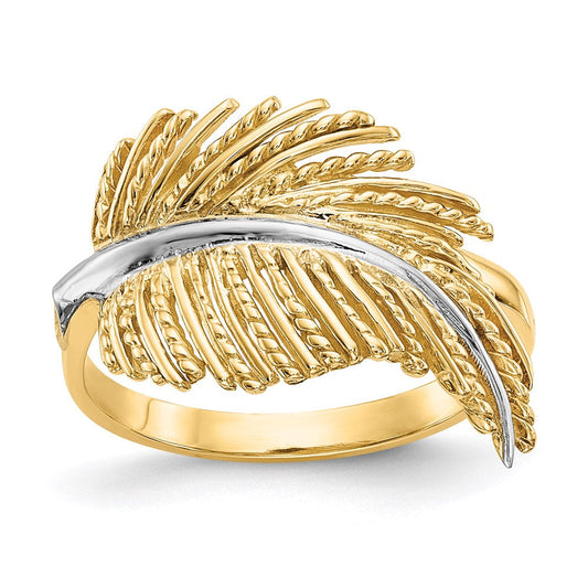 14k yellow gold rhodium plated feather ring k5720