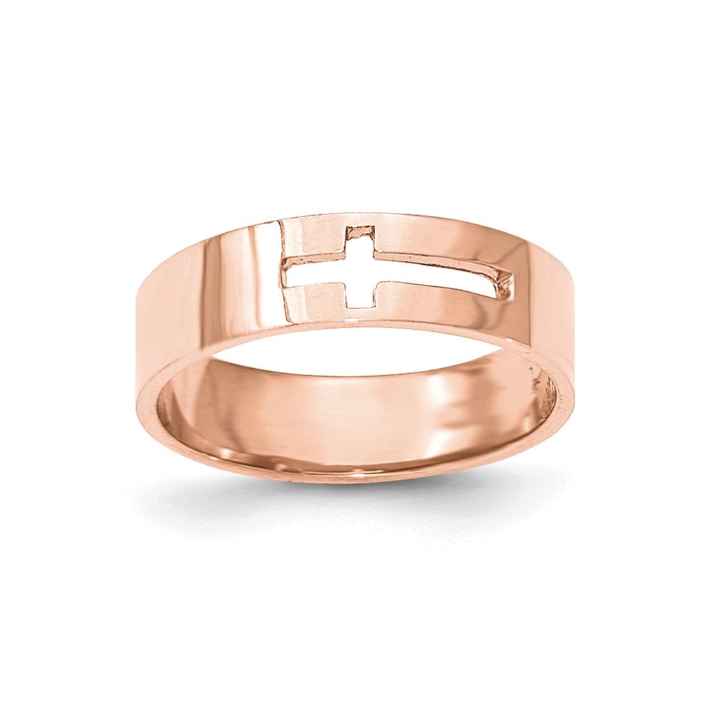 14k rose gold polished cut out cross mens ring k5738