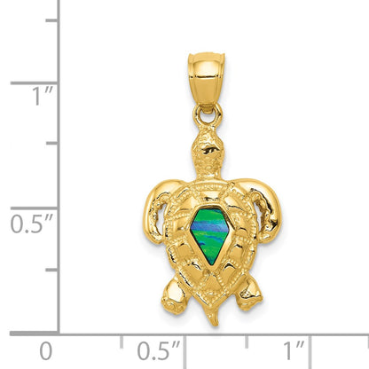 14k Yellow Gold Polished Created Blue Opal Turtle Pendant